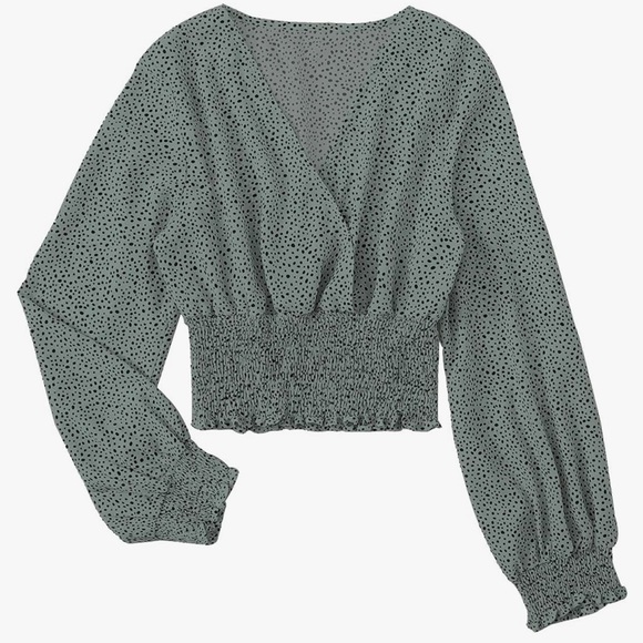 V Neck Shirred Polka Dots Long Sleeve Frill Crop Blouse Green - Picture 1 of 3